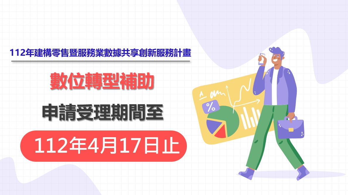 公告自即日起受理「建構零售暨服務業數據共享創新服務計畫」數位轉型補助案申請。